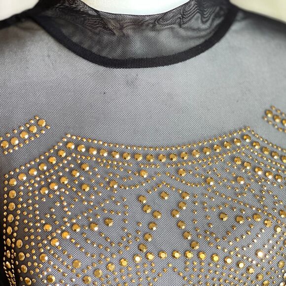 NWT Haute Project Black Mesh Sheer Gold Rhinestone Bodysuit GlamRock Size L - Picture 5 of 8